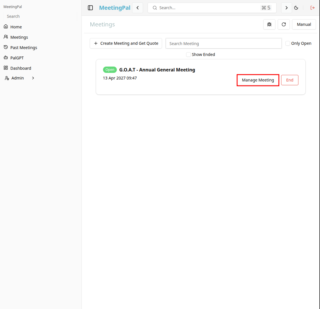 Please ensure you have a stable internet connection. If you do, consider downloading a new manual from admin.meetingpal.app